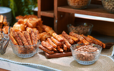 Pastry and bakery snack bar at a party. Delicious finger food for the ones who does not like the sweets.