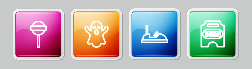 Set line Lollipop, Ghost, Bumper car and Circus ticket. Colorful square button. Vector
