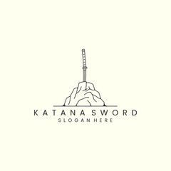 katana sword and stone with line art style logo vector illustration. japanese, weapon,template icon design