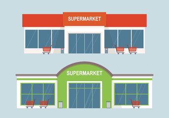 Two different supermarket buildings. Isolated on gray background. Flat style, vector illustration.