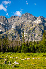 Mountains Peaks in Tatra National Park at summer in Poland. Alpine Landscape and blue sky