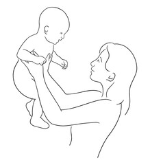 Vector illustration of mother and newborn baby. Hand drawn sketch of mom holds infant