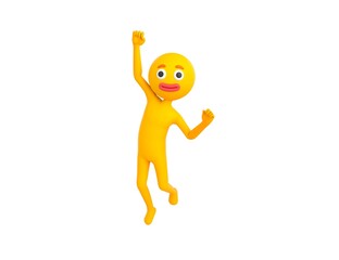 Yellow Man character Jumping with smile on face doing winner gesture with fists up in 3d rendering.