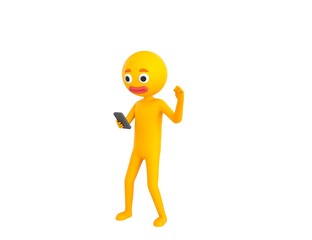 Yellow Man character looking his phone and doing winner gesture with fists up in 3d rendering.