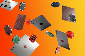 The concept of chips and cards for playing poker on the background of a flying cards