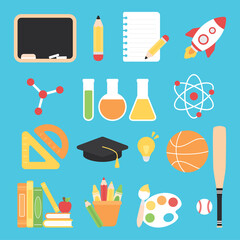 Flat design vector illustration of educational elements for science, mathematics, art, sport subject. Back to school concept.