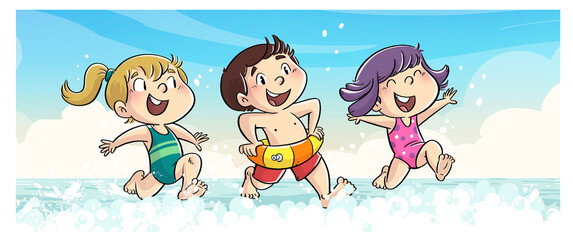Ilustracion de niños corriendo por la orilla de la playa - 515560405