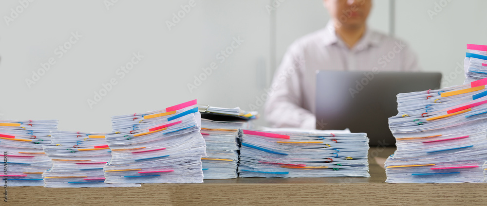 Poster business man work documents checking document paperwork report for analysis document management conc