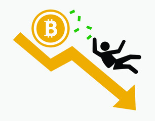 Bitcoin down or money dropping isolated over white background, ideas less profit. Losing money from bitcoin. Vector illustration. Bitcoin drop down.