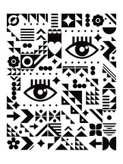 Bauhaus style vector poster art design 18x24 format in black and white with eyes and geometric shapes
 