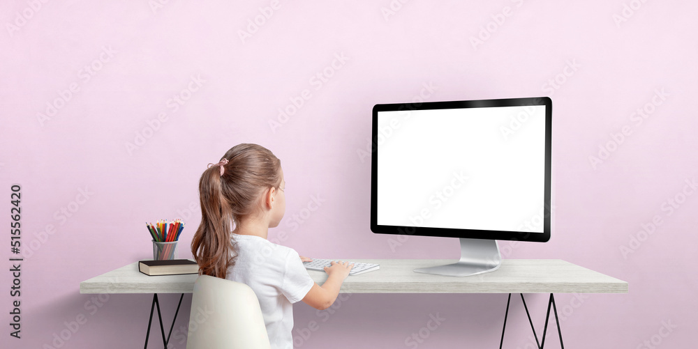 Poster young girl work on computer concept. isolated computer display for mockup. work room with pink wall.