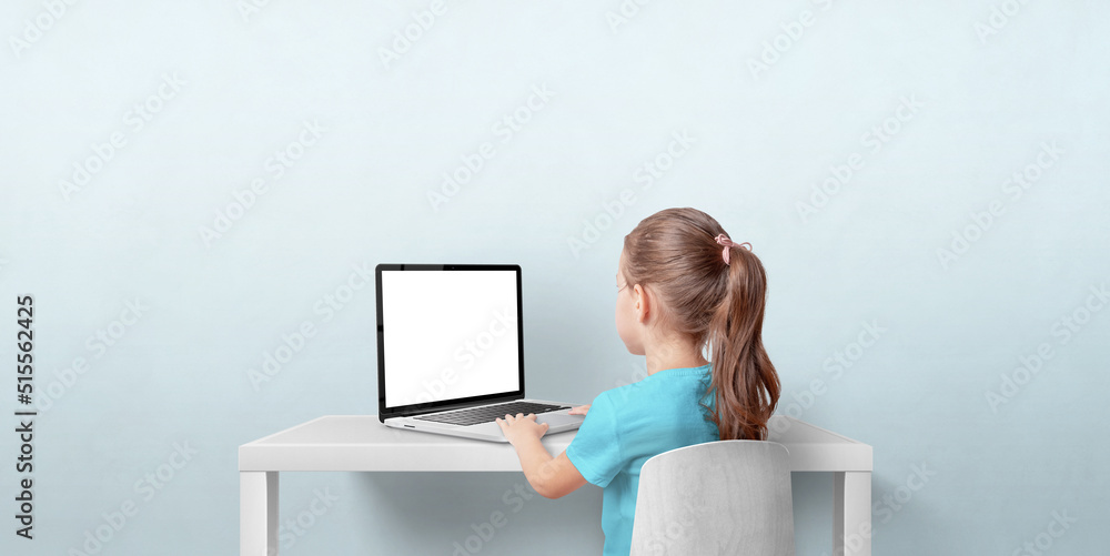 Poster young girl using laptop computer in living room. isolated laptop display for web page promotion. bac