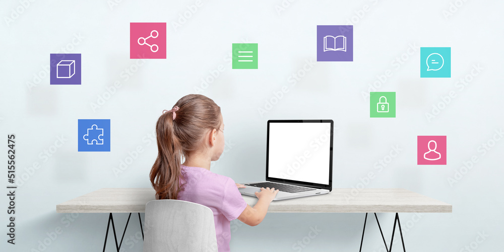 Poster little girl work on a laptop computer. internet of things concept. isolated laptop display for mocku