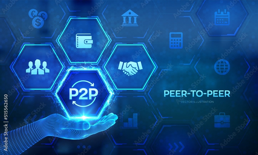Poster peer to peer logo in wireframe hand. p2p payment and online model for support or transfer money. pee