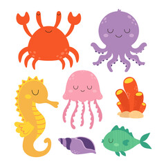 cartoon set with sea animals, vector illustration © StockVector