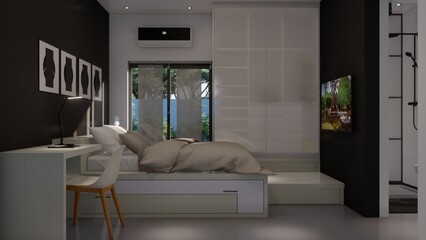 bedroom interior design with drawer dressing chair wardrobe bedding blanket pillow 3d illustration
