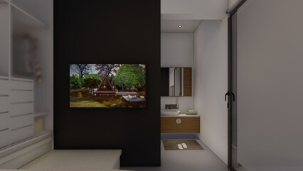 bedroom design with tv mock up wash basin mirror 3d illustration
