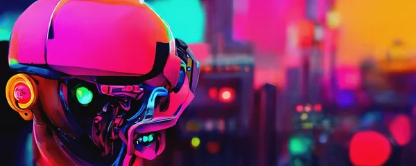 Deurstickers Een cyborg met een gloeiend gezichtsscherm kijkt in felle neonkleuren rechtstreeks in de achtergrond van een wazig cyberpunklandschap. Futuristische 3D illustratie © Valeriy