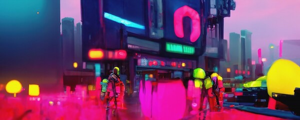 Blurred Cyberpunk Industrial Abstract Future Wallpaper. Futuristic concept. Neon Evening urban landscape. 3D illustration.
