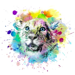 Outdoor kussens little playful lion cub on a bright abstract background © reznik_val