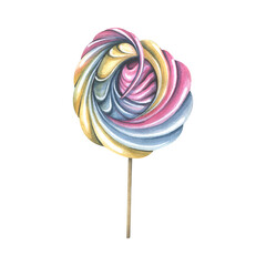 Multicolored meringue on a stick. Watercolor illustration. An isolated object from a large set of SWEETS. For decoration, design and compositions of menus, logos, postcards, advertising, packaging.