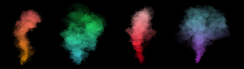 Set of colored smoke in different colors isolated on a black background. 