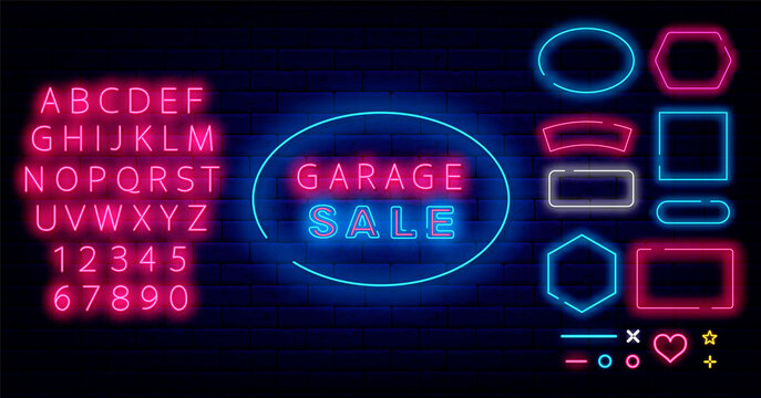 Garage sale neon label. Frames collection. Shiny pink alphabet. Domestic shop. Vector stock illustration