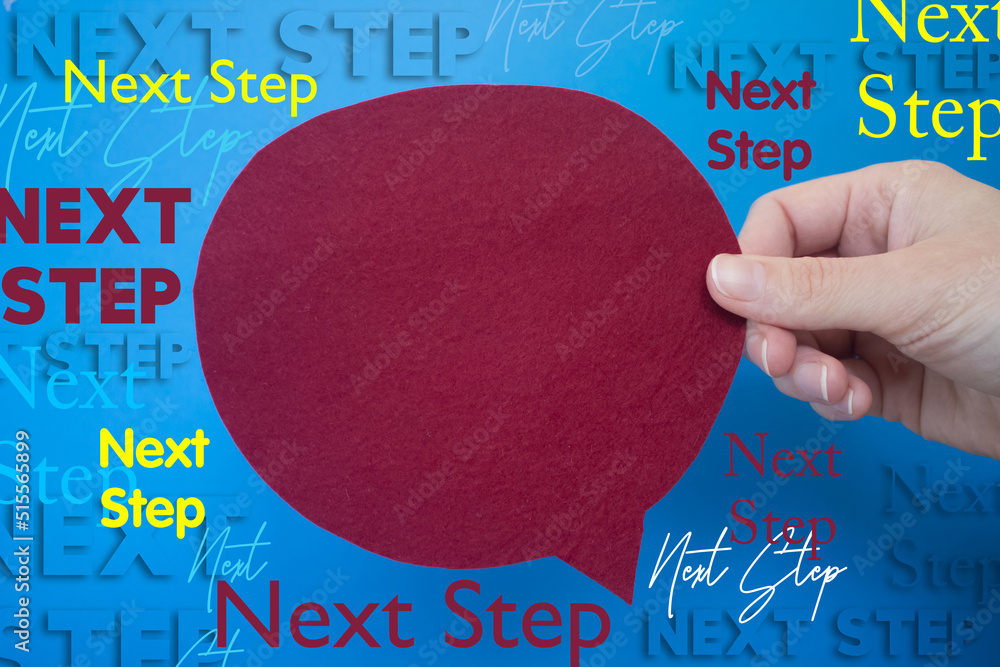 Poster speech bubble in front of colored background with next step text.