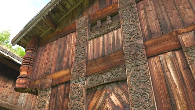 historic 200 year old storehouse kviteseid telemark norway wall carving details tilt up