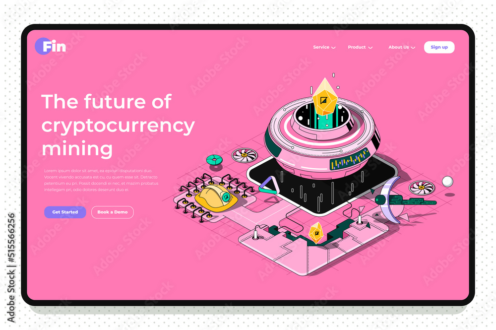 Leinwandbilder cryptocurrency concept 3d isometric outline landing page. blockchain technology, mining bitcoins and
