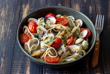 Pasta with clams Spaghetti alle Vongole. Italian food.