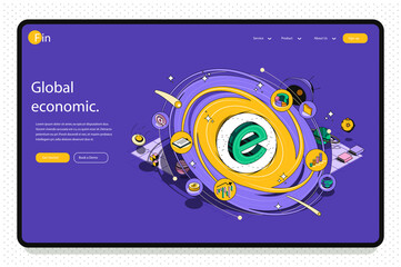 Global economic concept 3d isometric outline landing page. International business and world economy, global market trends and investment. Vector web illustration with abstract line composition.
