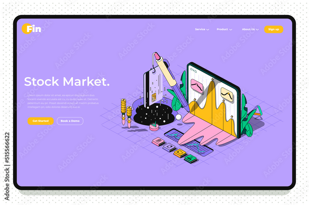 Poster stock market concept 3d isometric outline landing page. trading on stock exchange, analysis of finan