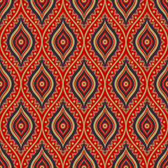 Vector ethnic flower in ogee shape red-gold color seamless background. Embroidery oriental surface pattern design. Use for fabric, textile, interior decoration elements, upholstery, wrapping.