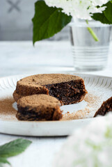 Brownie dessert in the plate on the light background