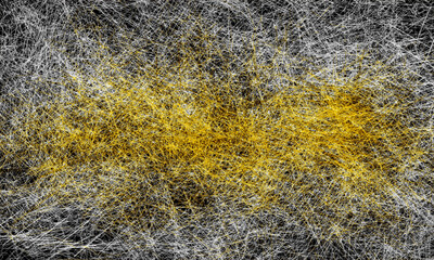 Black background, golden yellow elements, colored lines overlapping like a stone pattern.
