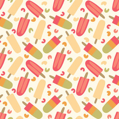 Seamless ice pop pattern , strawberry, vanilla and peach ice pop texture, Flat style repeat print, Popsical background, Ice lolly wallpaper, Fabric design, Wrapping paper print