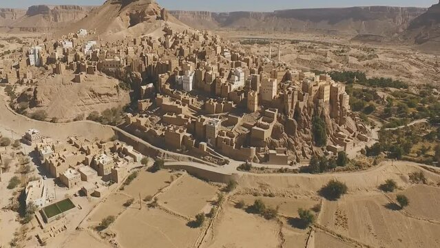 View to the city of Seiyun, Hadramaut valley, Yemen. Sayoun is a city in the Hadhramaut region of Yemen, today the largest city in the Hadhramaut Valley. (aerial photography)