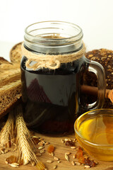 Concept of fresh drink, kvass, close up