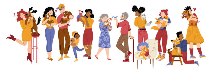 People pet owners hold cats, dogs, parrot, rabbit and lizard.Vector flat illustration of happy women, men and kids characters hug with love their pets companions