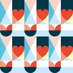 Mid-century modern 60's and 70's style vector seamles pattern with hearts and geometric shapes, retro wallpaper or fabric print background