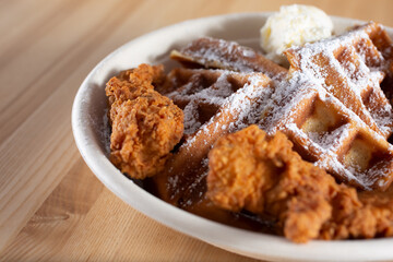 A closeup view of a bowl of fried chicken and waffles.