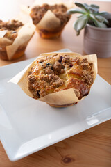 A view of a crumble blueberry muffin.