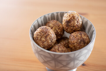 A view of a bowl of date energy balls.