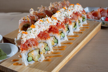 A view of a platter of sushi rolls.