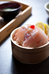 A closeup view of striped bass sashimi.