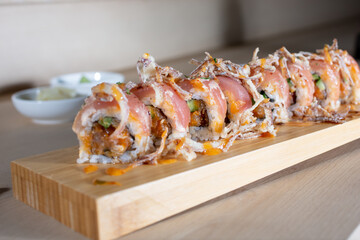 A view of a spicy tuna roll.