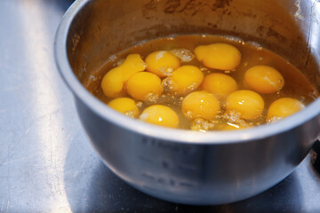 A view of a large bowl of raw eggs.