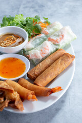 A view of a Vietnamese appetizer sampler plate.