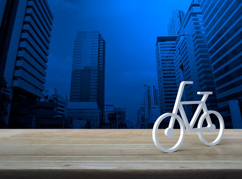 Bicycle 3d icon on wooden table over modern office city tower and skyscraper, Business bicycle service concept